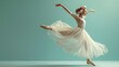 a ballet dancer gracefully leaping, dressed in a long white gown and a delicate flower crown, exuding elegance, text copy space