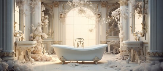 Wall Mural - A bathtub is placed centrally in the bathroom, surrounded by wooden flooring and an arched entryway