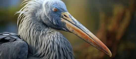 Canvas Print - A close up of a pelican, a large water bird with a long beak from the Ciconiiformes order. Its feather and wing are visible, resembling a cranelike bird