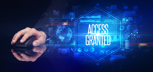 Poster - hand holding wireless peripheral, cyber security concept