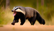 A honey badger baring its teeth and growling in a dark forest setting