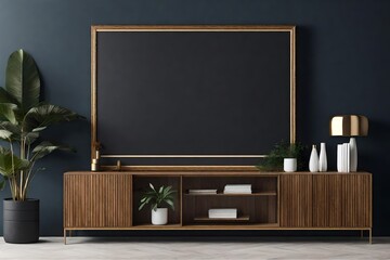 Wall Mural - Mockup frame on the cabinet in a living room interior on empty dark wall background