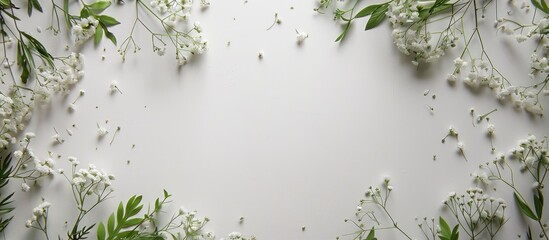 Poster - Foliage creatively arranged on a white background with text space, featuring white gypsophila. Leaf and flower frame, with a floral background. Top-down perspective.