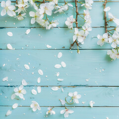 Sticker - Light blue wooden background with white flowers, cherry blossoms, small green leaves and branches on the edges of the frame. Spring photo backdrop for product photography