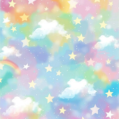 Sticker - Cute pastel rainbow stars and clouds background, pastel colors, dreamy, cute background, pastel, white stars,