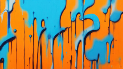 Colorful street art graffiti background. Orange, blue, yellow colors. Abstract wall surface with colorful drips, flows, streaks of paint and paint sprays