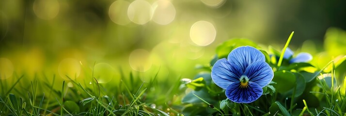 Wall Mural - Enchanting Blue Pansy Flower Blooming Amidst Verdant Grassy Backdrop with Soft Bokeh Effect