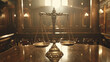 A photo of an ornate scale of justice on a table with a courtroom background, representing law and emotion with cinematic lighting