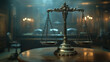 A photo of an ornate scale of justice on a table with a courtroom background, representing law and emotion with cinematic lighting