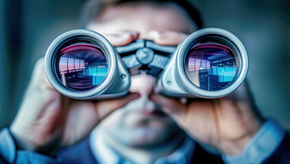 Wall Mural - Businessman strategic insight. Using binoculars to gain a clear vision, spotting opportunities for success and growth in the corporate landscape