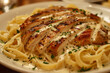 An appetizing dish of Chicken Alfredo Pasta, featuring tender pieces of chicken and al dente pasta coated in a creamy Alfredo sauce, Generative AI