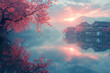 日本中国の神社と桜と湖畔の景色の写真
