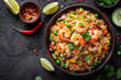 Top view of a plate of Thai fried rice with prawns, Thai rice stir-fried with prawns and fresh vegetables, Food photography, Generative AI