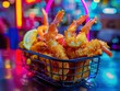 A neonlit basket of fried shrimp, with the texture of the batter and juicy shrimp highlighted