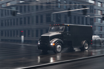 High-Speed Armored Vehicle Manoeuvring Wet Urban Road in Heavy Rain