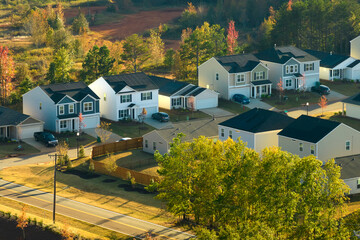 Sticker - Aerial view of tightly packed homes in South Carolina residential area. New family houses as example of real estate development in american suburbs