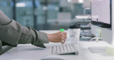 Sticker - Woman, hands and sanitizer on computer for disinfection, hygiene or bacteria and germ removal at office. Closeup of female person or employee cleaning palms for health and safety on desk at workplace