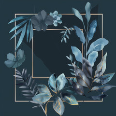 watercolor blue leaves and flowers framed on a dark background, with a gold square shape in the middle of the design and empty space for text or graphics.