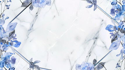 Sticker - hexagon frame on white marble background with blue and silver flowers, watercolor illustration in the style of rococo,