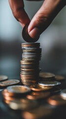 Fingers gently placing a coin atop a money tower, symbolizing patience in financial planning