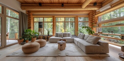 Living room interior in beautiful new luxury home, bright modern minimalist style, with replica space.