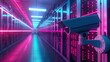 Surveillance camera oversees a network server room, neon lights