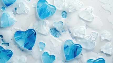 Sticker - Transparent and blue glass hearts on a white background.