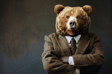 The bear in an economic debate, dressed in a scholarly suit, presenting cautious market perspectives