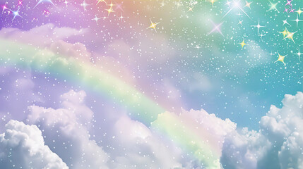 Wall Mural - Cute pastel rainbow stars and clouds background, pastel colors, dreamy, cute background, pastel, white stars,