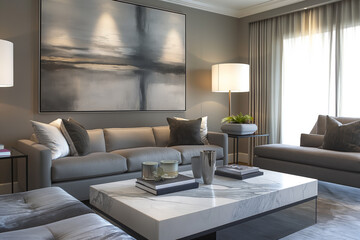 Elegant Neutral Living Room with Modern Art and Marble Coffee Table. Chic Contemporary Lounge with Grey Palette and Abstract Wall Art