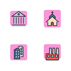 Poster - Different buildings line icon set. Ancient building, block of flats, church, factory. Construction and architecture concept. Can be used for signboards, poster, brochure