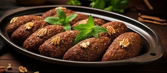 Poster - A dish of meatballs topped with fresh mint leaves, presented on a rustic wooden table. This Mediterraneaninspired cuisine combines savory meat with refreshing herbs