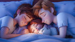 An animated image of a family and pet sleeping together, highlighting warmth, love, and peacefulness in a cozy setting.
