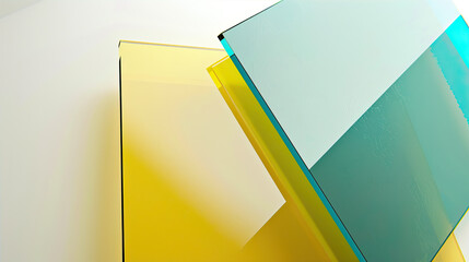 Wall Mural - A close up of two different colored glass panels on the right and left, a yellow acrylic box is in front of them against a gradient background with a light blue, light pink, sky blue, white and orange