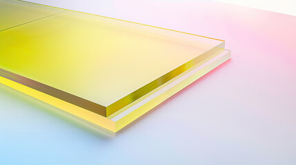 Poster - A close up of two different colored glass panels on the right and left, a yellow acrylic box is in front of them against a gradient background with a light blue, light pink, sky blue, white and orange