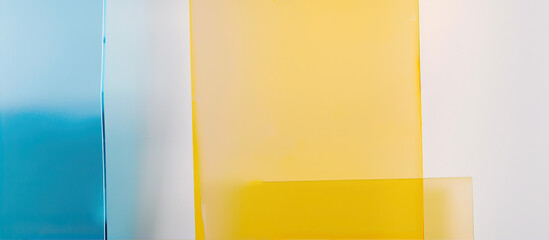 Canvas Print - A close up of two different colored glass panels on the right and left, a yellow acrylic box is in front of them against a gradient background with a light blue, light pink, sky blue, white and orange