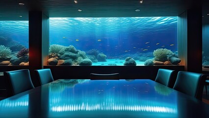 Wall Mural - Underwater restaurant. A restaurant with a blue ocean theme. The walls are decorated with fish and coral. The tables are set with silverware and wine glasses. 