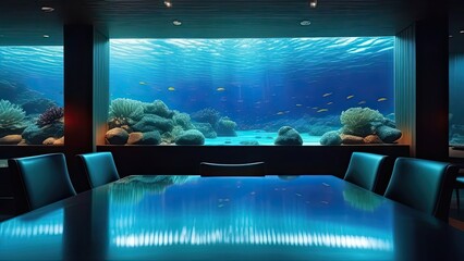 Canvas Print - Underwater restaurant. A restaurant with a blue ocean theme. The walls are decorated with fish and coral. The tables are set with silverware and wine glasses. 