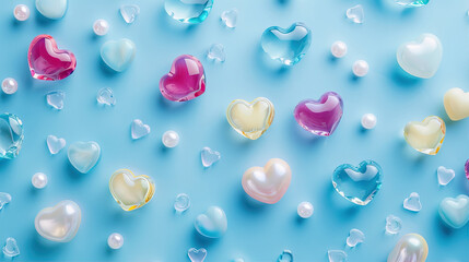 Wall Mural - colorful shiny glass hearts and pearls on light blue background, mobile wallpaper, cute style, simple, 