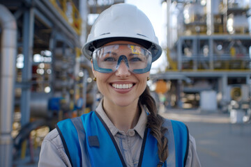 Portrait of a happy female engineer in a white protective helmet and glasses facing the camera in an oil refinery against the background of the refinery, pipes
