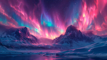 vibrant blue and purple aurora borealis illuminating the night sky. mountains landscape.