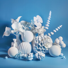 Wall Mural - White organic shapes on a blue background. 3D style
