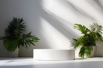 Sticker - A white counter podium with soft beautiful dappled on white minimalist concept