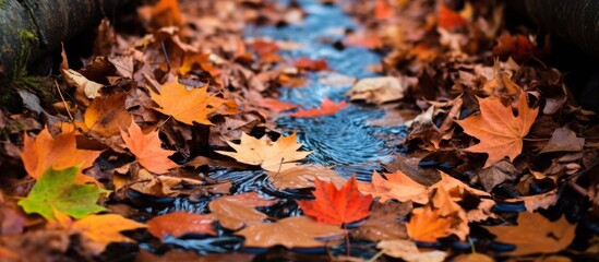 Sticker - A patch of deciduous autumn leaves scattered by the stream creates a picturesque natural landscape, blending with the grass and adding a colorful pattern of electric blue petals