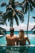 © Ilia - Young, loving couple view from the back, enjoying their vacation in tropical destination country. Pool relax with sea ocean and palm trees landscape, leisure, romance, and exotic travel experiences.