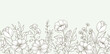 Floral seamless border with various meadow greenery and flowers. Hand drawn botanical pattern with foliage in line art style for wedding invitation, wall art and greeting card. Vector illustration