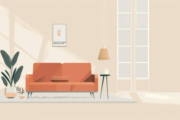 Wall Mural - A living room with a couch and a potted plant. The room is empty and has a minimalist feel