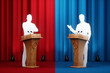 Political debates, struggle for leadership, power, appeal to voters, two candidates. Two wooden stands with microphones on a blue-red background and silhouettes of candidates. Mixed media.