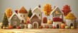 Rustic handknitted village houses adorned with fall harvest, pumpkins, and golden hues , 3D illustration