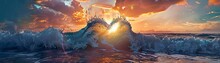 The Ocean Creates A Natural Heart Shape With A Wave During A Breathtaking Sunset